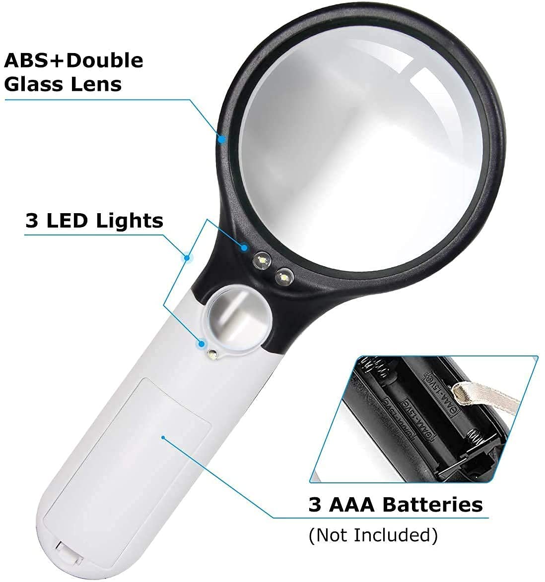 HOUSE HATCH 3 LED Handheld Magnifying Glass, 3X & 45X Magnification for Reading Books, Newspapers & Science Projects, Built-in Light for Clear View 1