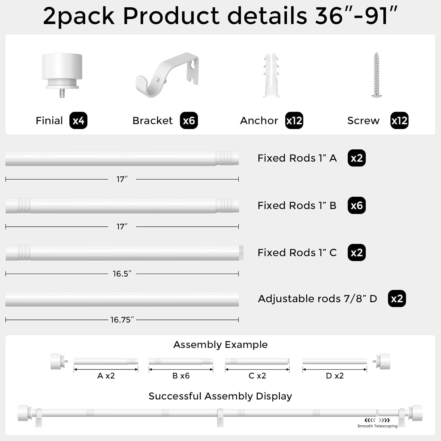 Modern White Curtain Rods 2 Pack for Windows 48 to 84 Inch, 1" Diameter Adjustable Heavy Duty Window Curtain Pole with Matte White End Cap Finials, Decorative Drapery Rods for Living Room, Bedroom