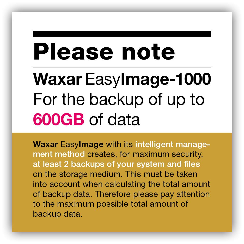 Waxar EasyImage-1000 Bundle, High-End Backup Software inklusive Speicher 1TB, läuft sofort ohne Installation, kompatibel mit Windows | Mac | Linux, Server-Edition, 1 Gerät, Life-Time License, EN