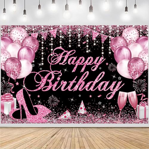 Image of Happy Birthday Banner - Birthday Decorations for Women Girls Pink Birthday Party Banners Welcome Happy Birthday Background Sign for Theme Party Decorations Indoor Outdoor