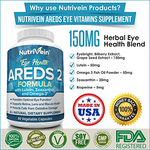 Nutrivein AREDS 2 Eye Vitamins - Supports Eye Strain, Dry Eyes - Award Winning Lutein and Zeaxanthin Plus Bilberry Extract - All-Natural Eye Health Booster Supplement for Adults, Kids, Men and Women