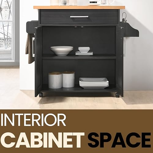 Miniatura 34 de Hodedah Carrito de isla de cocina de madera rodante con estante para especias, toallero, cajón de utensilios y gabinete, blanco con tapa de haya