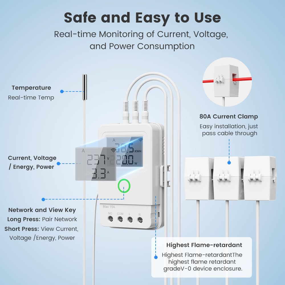Monitor de alimentación inteligente WiFi para el hogar con sonda de temperatura, amperímetro de abrazadera, transformador de corriente CT de 3 80 A, control de aplicación, monitor en tiempo real, para