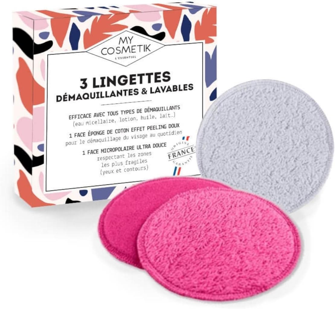 Verpakking van 3 wasbare make -upremoverdoekjes – Gemaakt in Frankrijk – 100% katoenen sponszijde en 100% polyester microfleecezijde – MY COSMETIK – Verpakking van 3