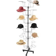 Freestanding Rotating Hat Display Rack 6-Tiers, 30 Hooks, with Wheels, Black Metal Floor Stand for Hats, Wigs, and Caps - Ideal for Retail Stores and Organizing Headwear