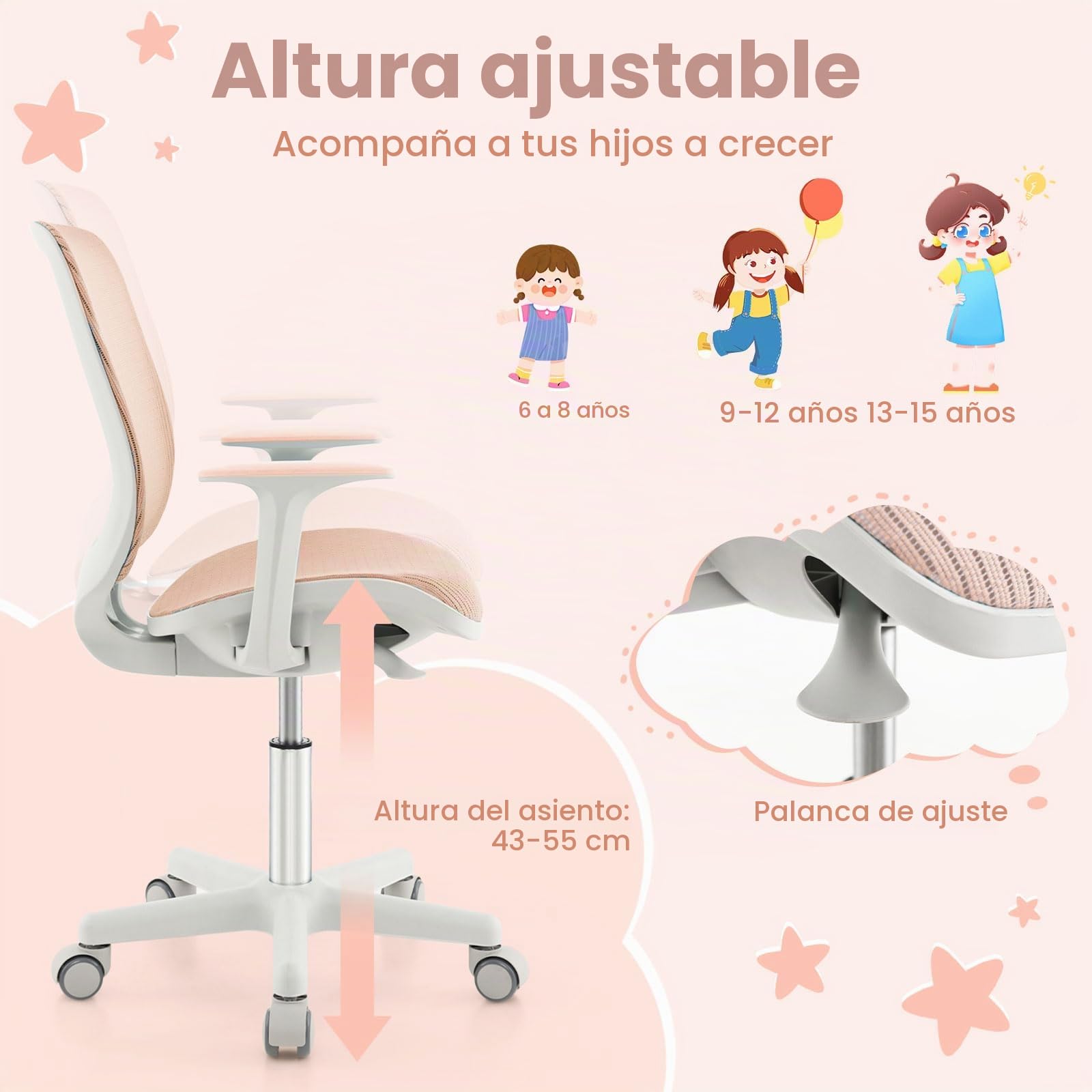 FANTASK Silla de Escritorio ergonómica para niños, Altura Regulable 43-55 cm, Silla giratoria de 360 ° con Respaldo y reposabrazos, Silla de Oficina con 5 Ruedas bloqueables, para niños a Partir de 6