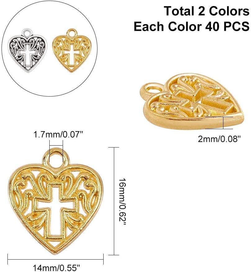 80 dijes de cruz de corazón de 2 colores, dijes de cruz de Pascua, dijes huecos de corazón de amor, colgantes dorados y plateados para Pascua, boda, San Valentín, Ramadán, decoración, 4