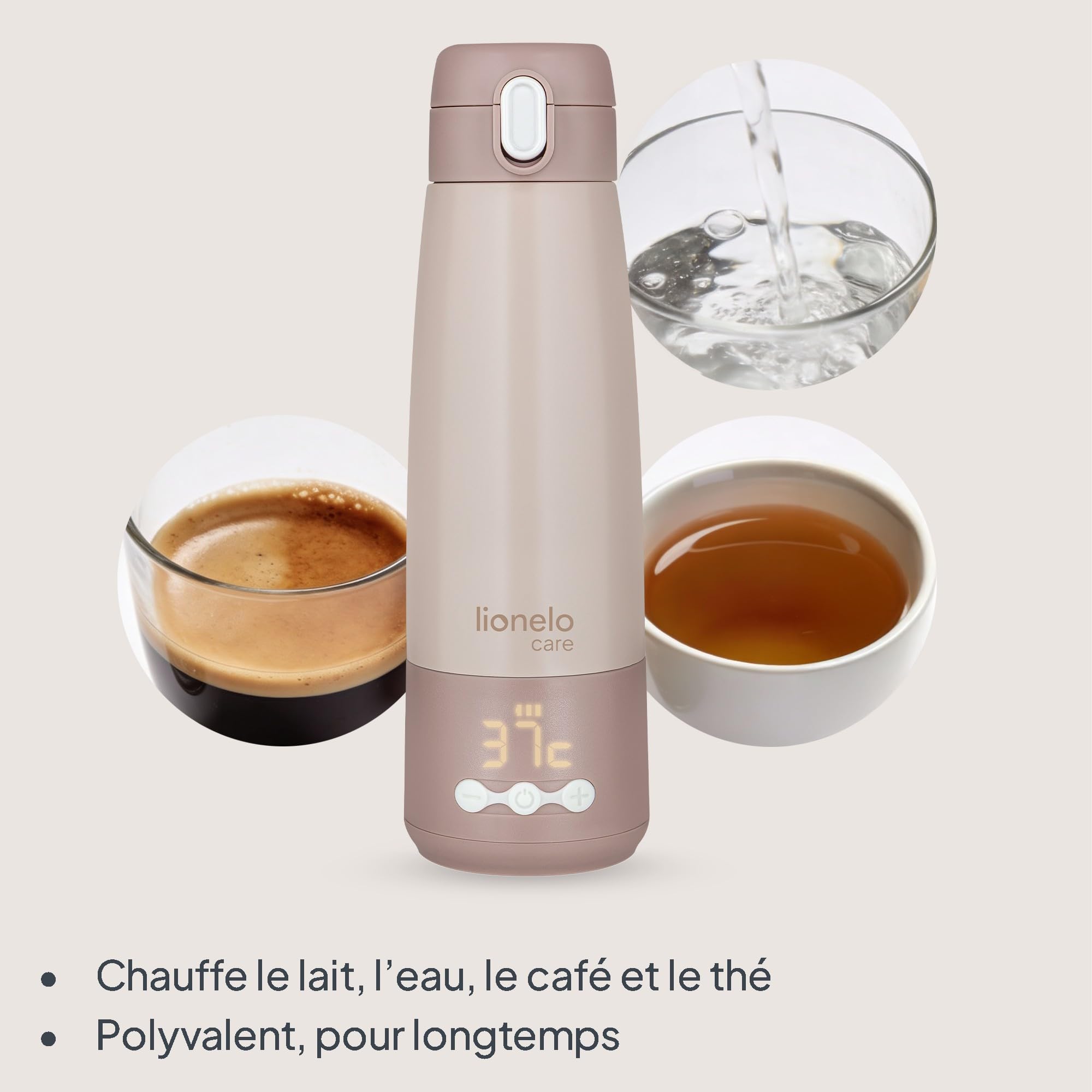 Lionelo Thermup Bottle Chauffe-Biberon Sans Fil 350 ml, Thermos Portable | 150 ml chauffés de 20 à 37°C en 3,5 min, 5 températures 37–55 °C, maintien au chaud jusqu’à 20 h, fermeture étanche, léger