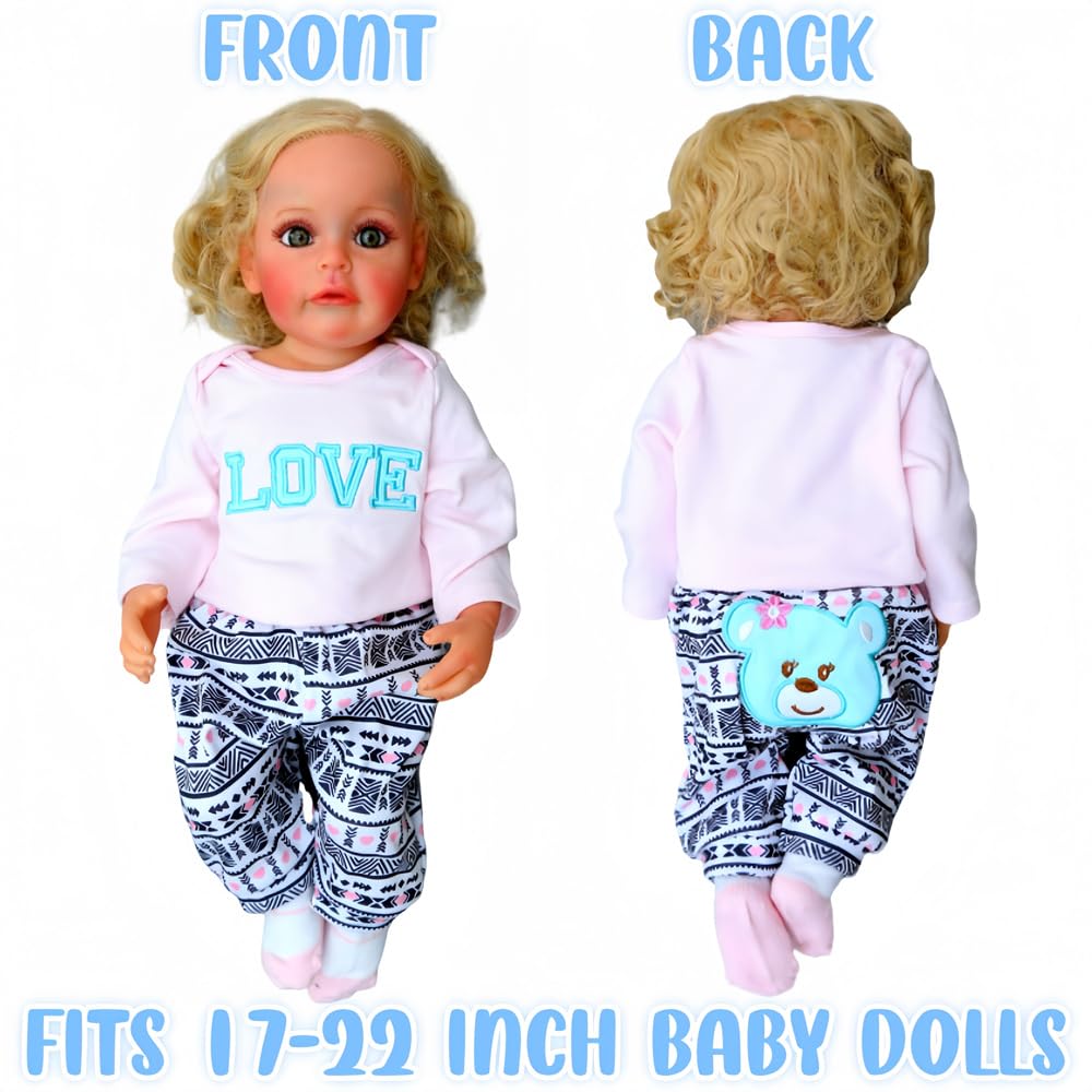 Reborn Babypuppen-Kleidung, Liebesmuster, 4-teiliges Set für 43,2-55,9 cm Neugeborene Babypuppe, Mädchen, Puppenkleidung, niedliches Bären-Outfit, Zubehör, passend für 43,2-55,9 cm