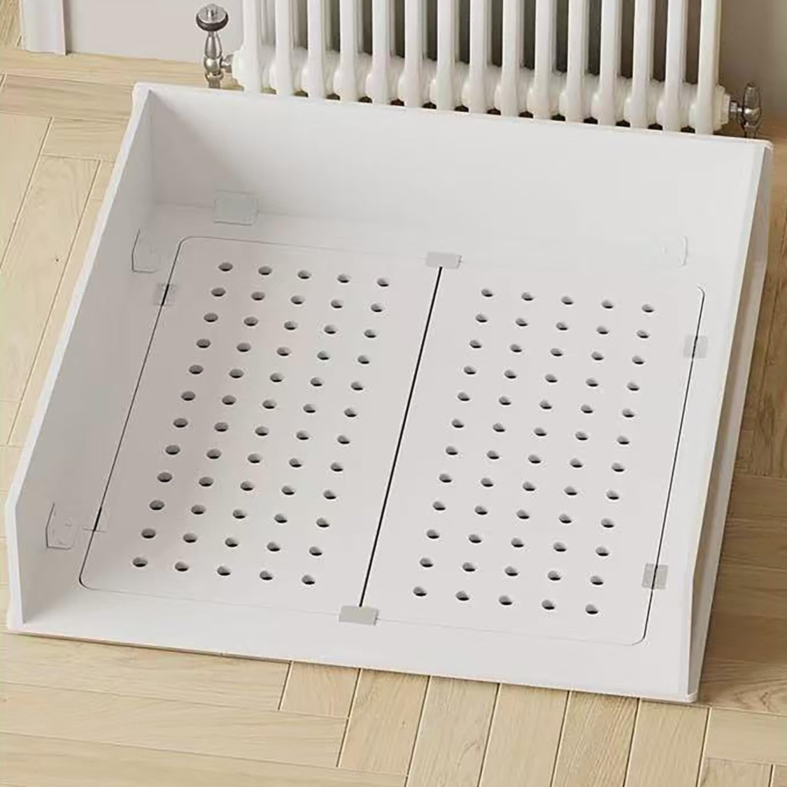 Nowoczesna osłona grzejnika MDF z drzwiami, półka grzewcza i żaluzjowy grill, półka lamelowa do domu, salonu i sypialni (dł. 100 x wys. 100 x szer. 20 cm)