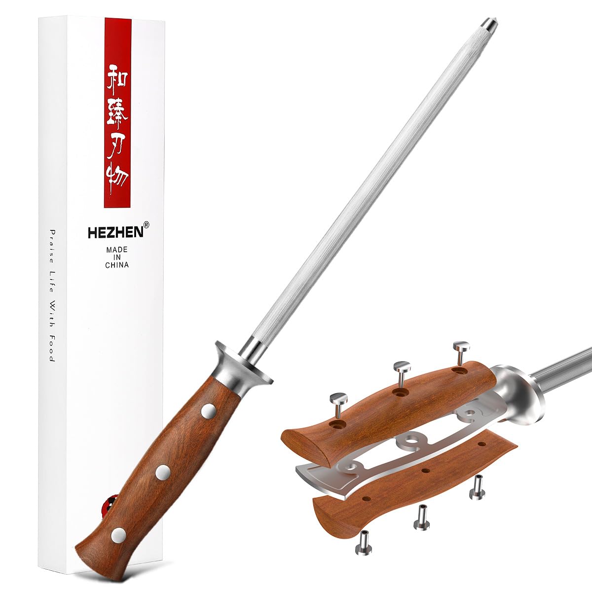 HEZHEN Chairas Afiladores de Cuchillos de Acero de Alto Carbono, Barra de Afilar Acero Inoxidable para Afilar Cuchillos de Cocina, Mango de Madera