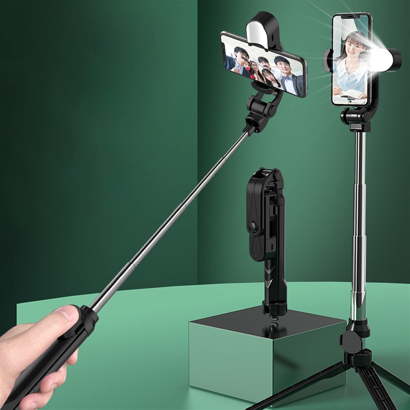SCRUBY Bastone per selfie 2021 senza fili Bluetooth Selfie Stick treppiede pieghevole monopiede con luce di riempimento telecomando per iOS Android (nero con luce)