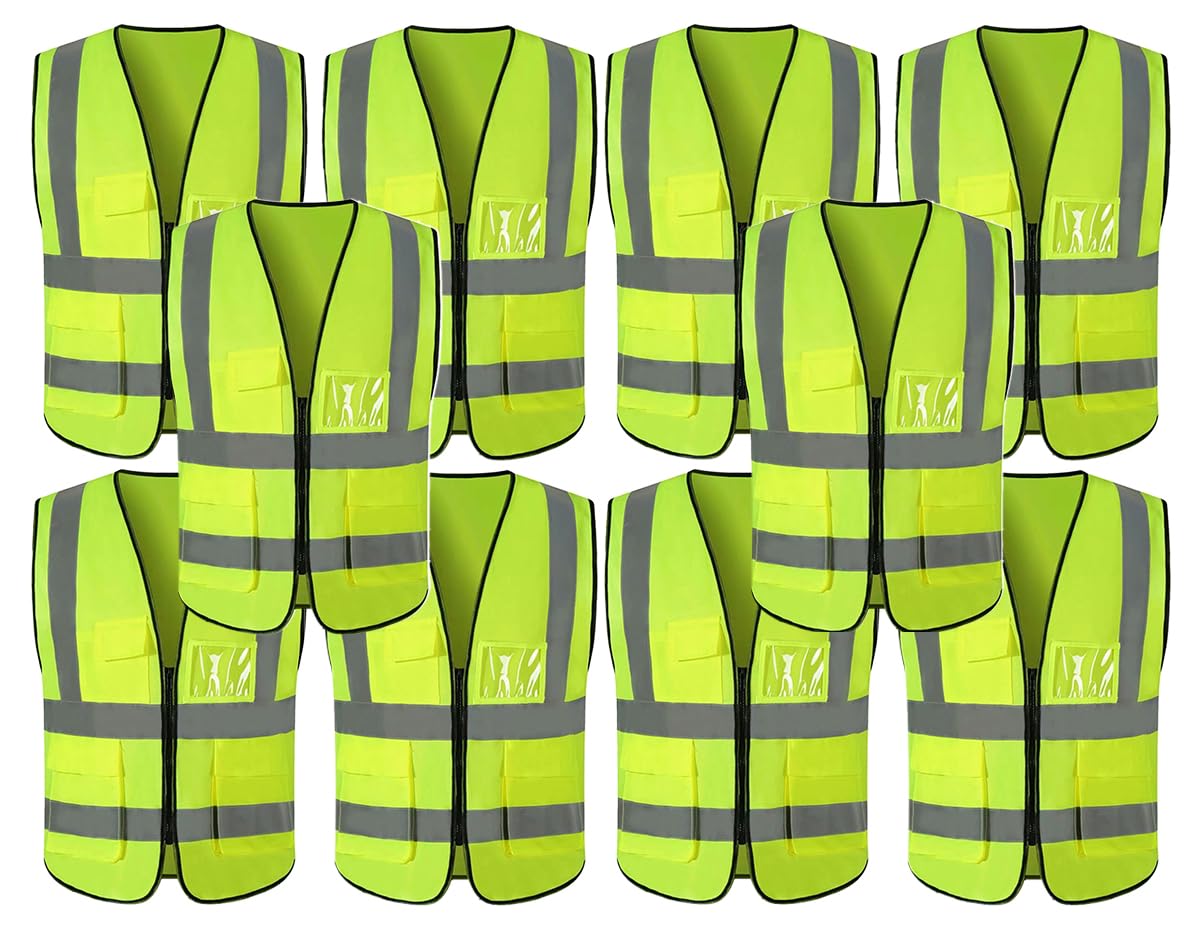 Reflective Safety Vest Bright Neon Color with 2 Inch Reflective Strips and Pocket -Zipper Front Medium Free Size