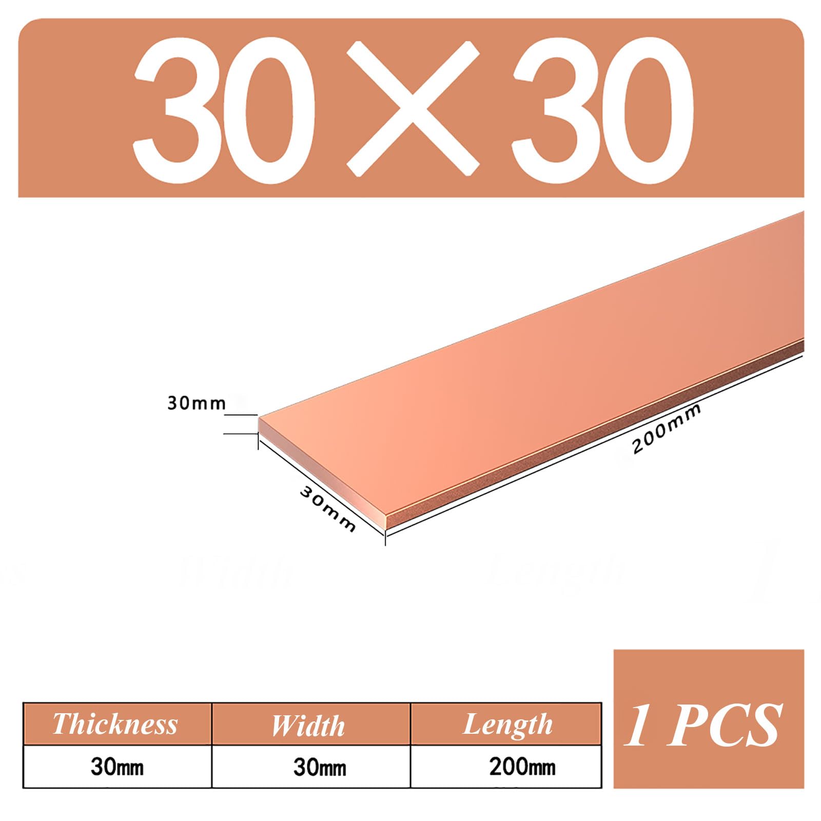 Pure Copper Sheet, 30Mm Thickness X 200Mm Length Copper Flat Bar, 30/35/40/50Mm Width,30 * 30 * 200mm