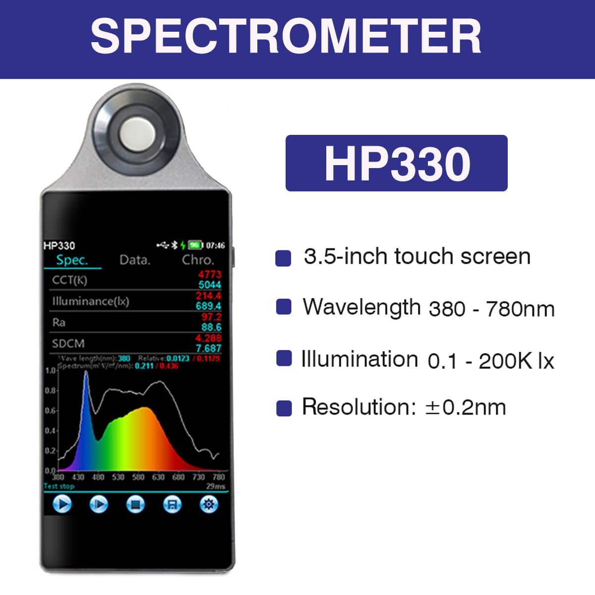 Tragbarer Spektrometer Lichtmessgerät Analysator 3,5-Zoll Touchscreen 380-780nm