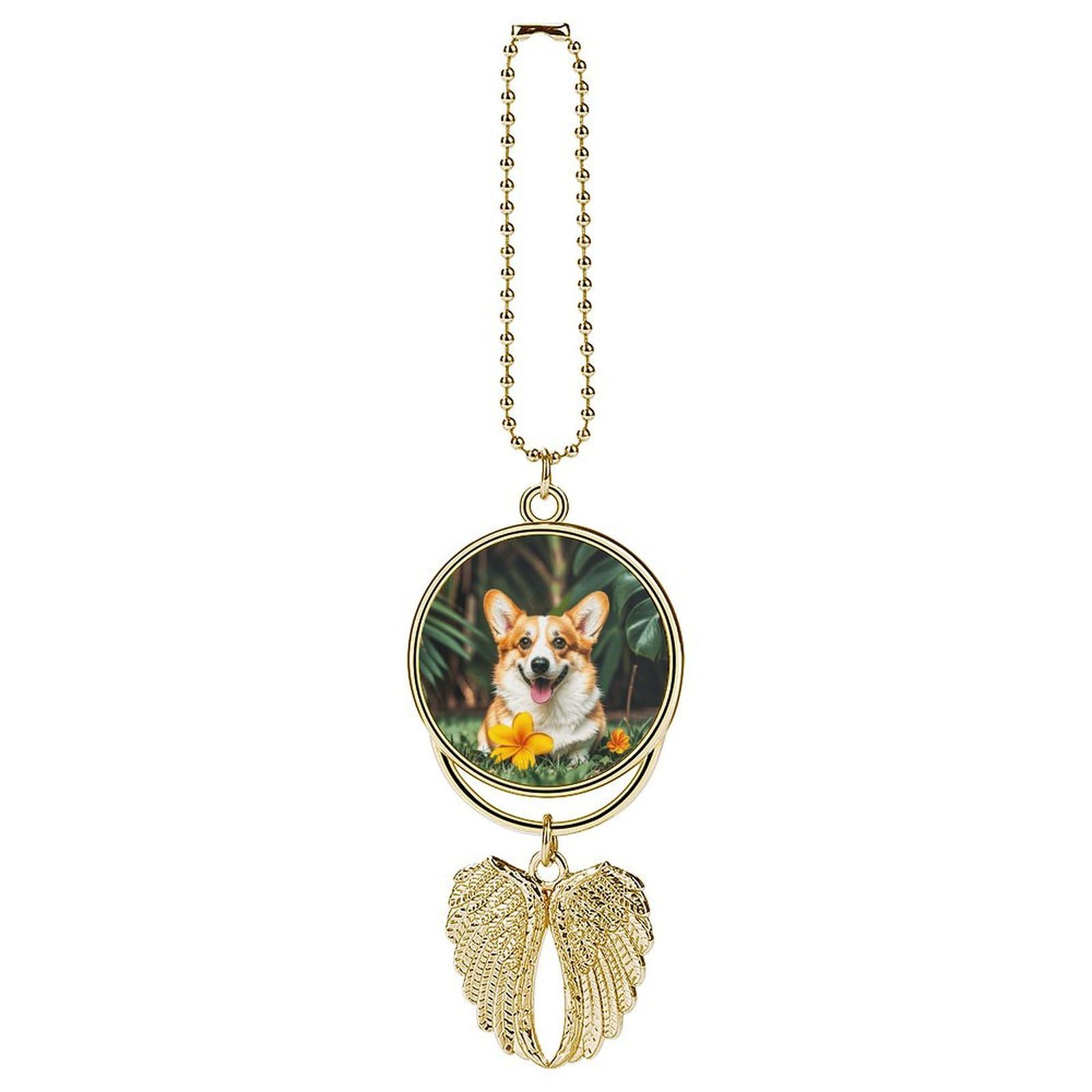 Tropical Flower and Corgi Car Charm, Alloy Rear View Mirror Pendant, Bling Funny Car Hanging Ornament Gift for Women Men, Car Pendant Lucky Auto Interior Decoration Accessories Golden-Style