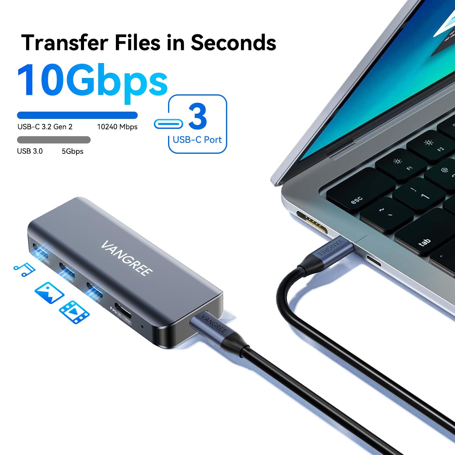 Hub USB C de 4 puertos con cable extraíble, 2 puertos USB-C 3.0 de 5 Gb/s, modo USB C DP Alt 4K @ 60Hz, PD 100W, adaptador multipuerto divisor USB C para MacBook Pro, iPad, iPhone 15, monitor USB-C,