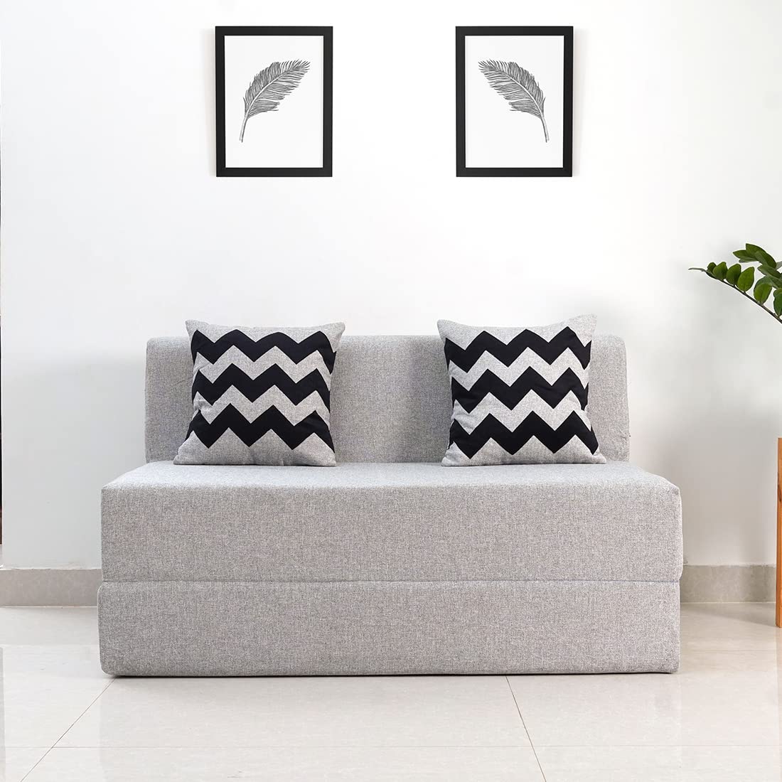 uberlyfe 2 Seater Sofa Cum Bed | Jute Fabric Washable Cover | 2 Cushions Zigzag Pattern | Silver | 4' X 6' Feet