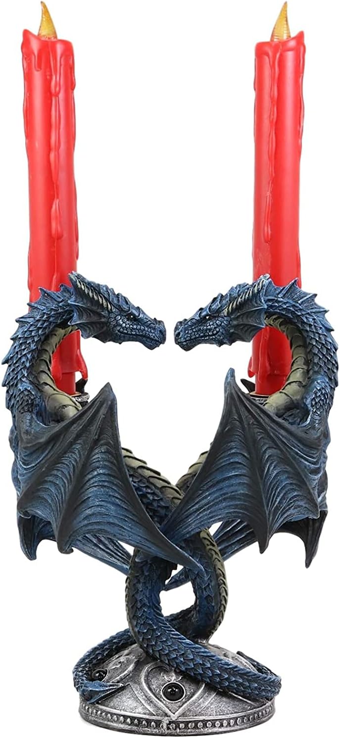 Ebros Gothic Dragon Heart Altar Drake Candleabra Twin Dragons Figurine 9" Tall Two Taper Candles Holder Statue Medieval Renaissance Fantasy Decor Halloween Tabletop Candleholder Statue