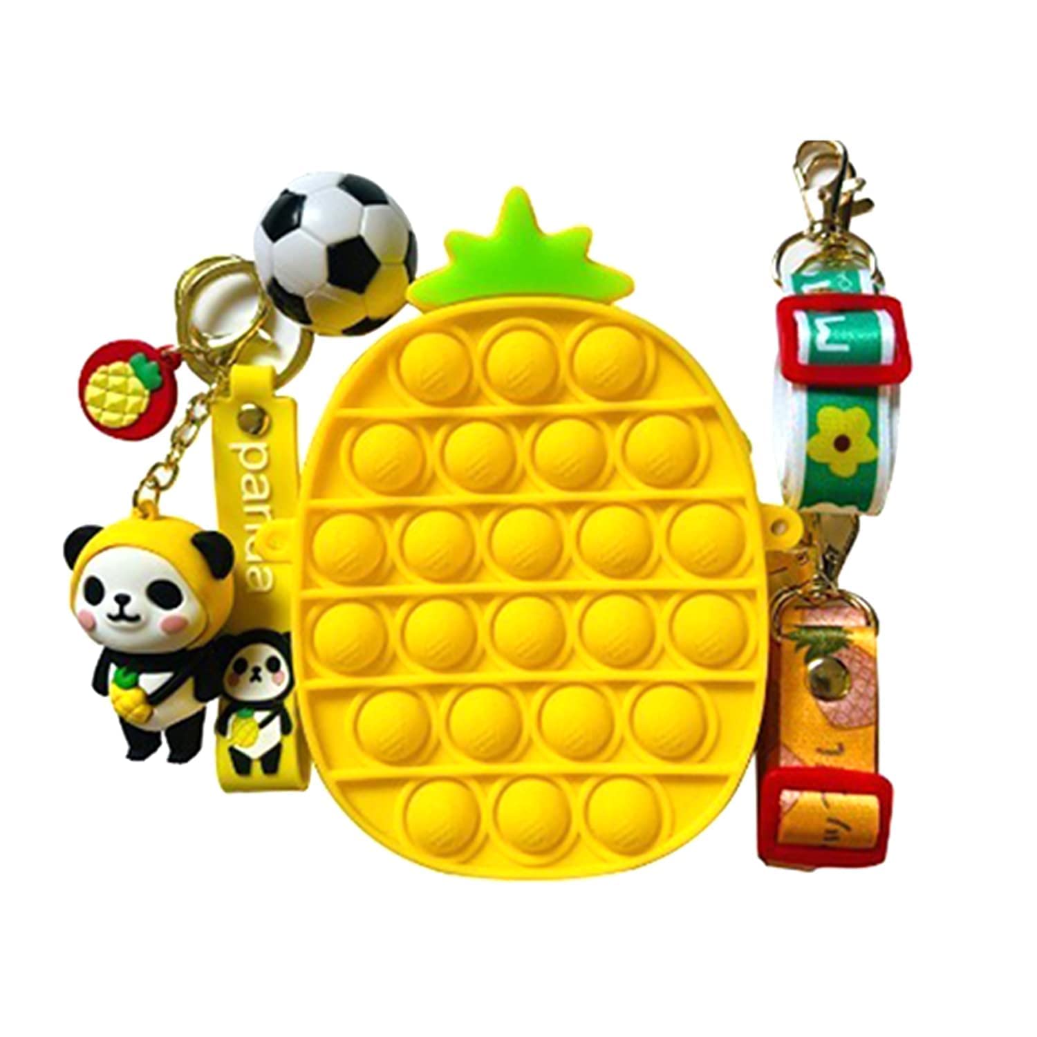 KIDMOMI Pop It Sling Bag for Kids with 3 Cute Keychains | Silicone Fidget Crossbody Shoulder Bag | Pineapple Shape Pop Bubble Sensory Toy Purse | Travel & Party Gift for Girls & Boys (Yellow)-image-4