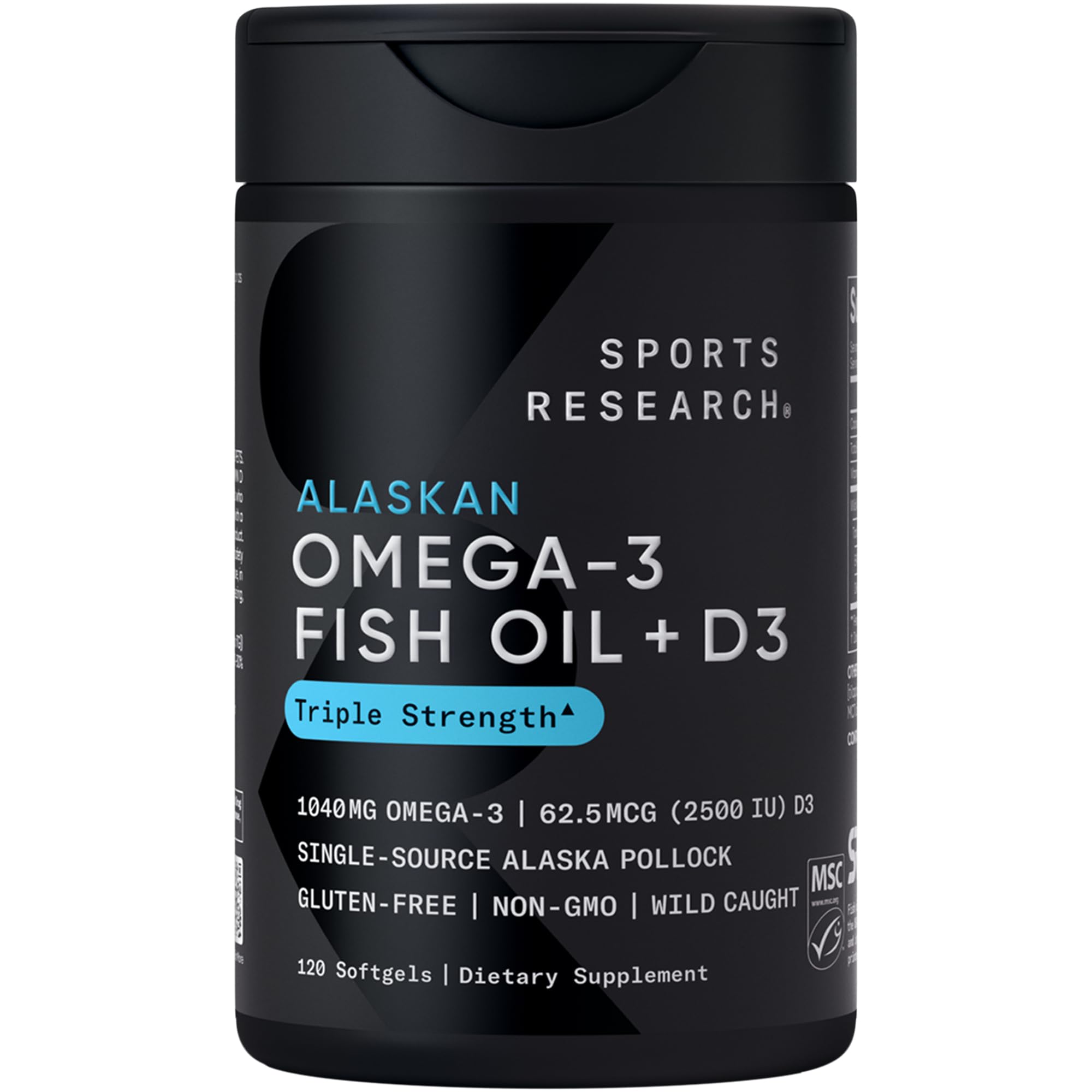 Sports Research® Alaskan Omega-3 Fish Oil 1040mg + Vitamin D3 2500iu - Supports Brain & Heart Health - MSC Certified Sustainable · Wild-Caught · Non-GMO · Triglyceride Form - 120 Count Softgels