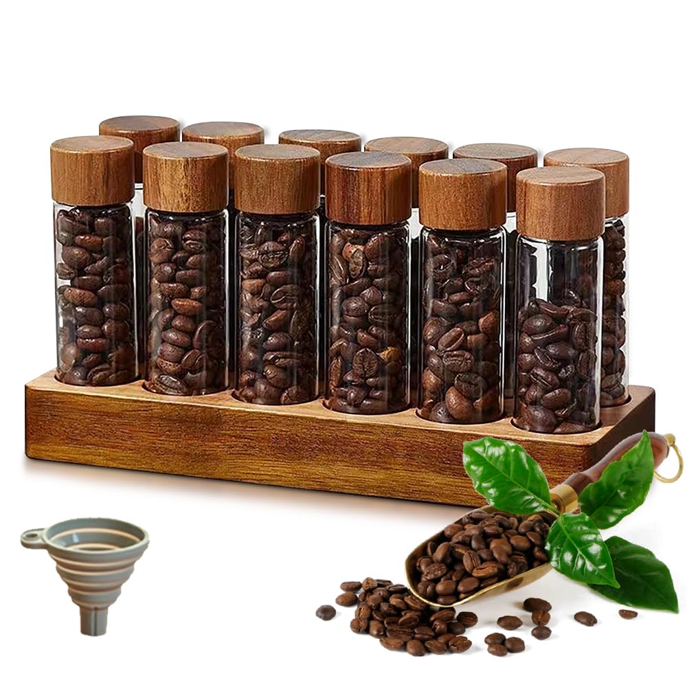 Fawoonu Single Dose Coffee Bean Storage 12 Tubes Multipurpose Portable Coffee Bean Container Cellar with Walnut Wood Display Stand and Funnel 2oz