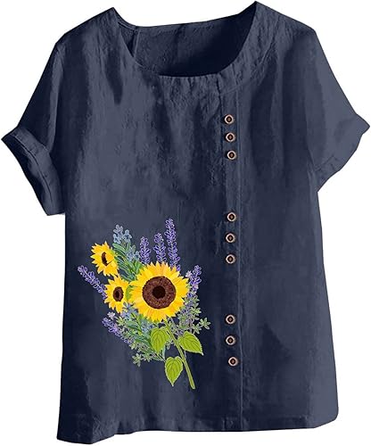 Miniatura 3 de Camiseta básica de manga corta para mujer, con estampado floral, algodón, lino, talla grande, botones, cuello redondo, elegante blusa de verano