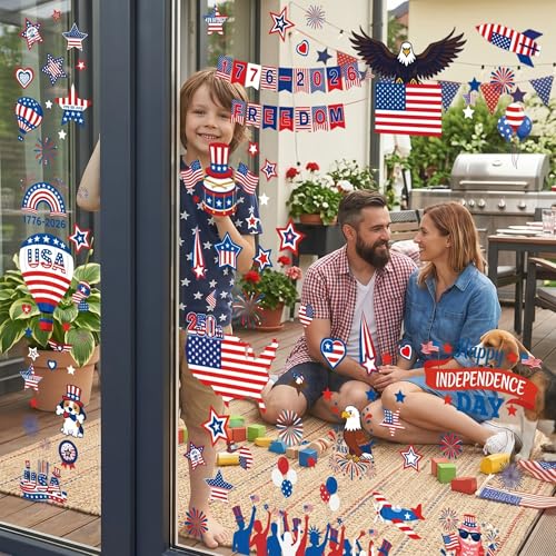 Image of 9 Sheets 4th of July Window Clings, Patriotic Red White and Blue Window Stickers with USA Flag, Eagle, Reusable Static Decals for 250th Anniversary Independence Day, Memorial Day