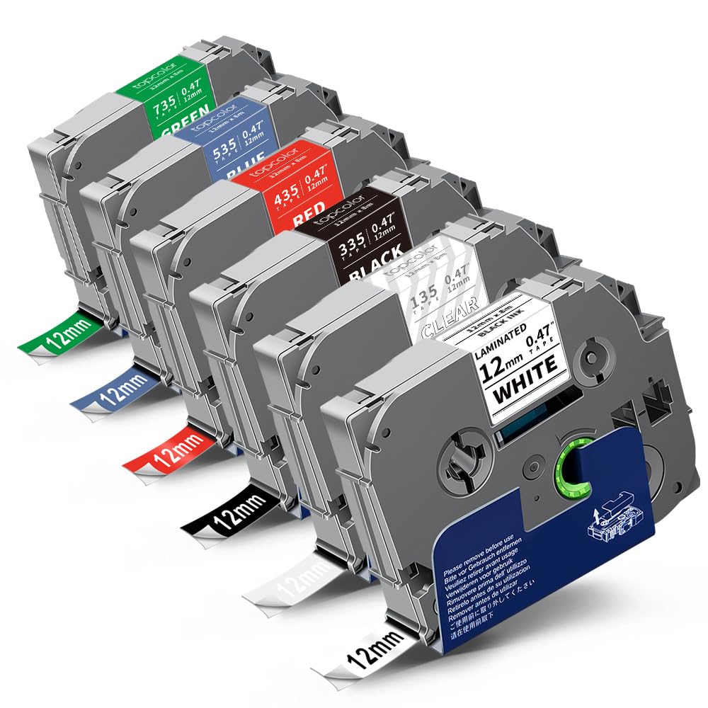 Topcolor 6-Pack Tz 12mm 0.47" Label Tape Compatible for Brother Tze135 Tze335 Tze435 Tze535 Tze735 P Touch Tze Label Tape 12mm 1/2" Laminated