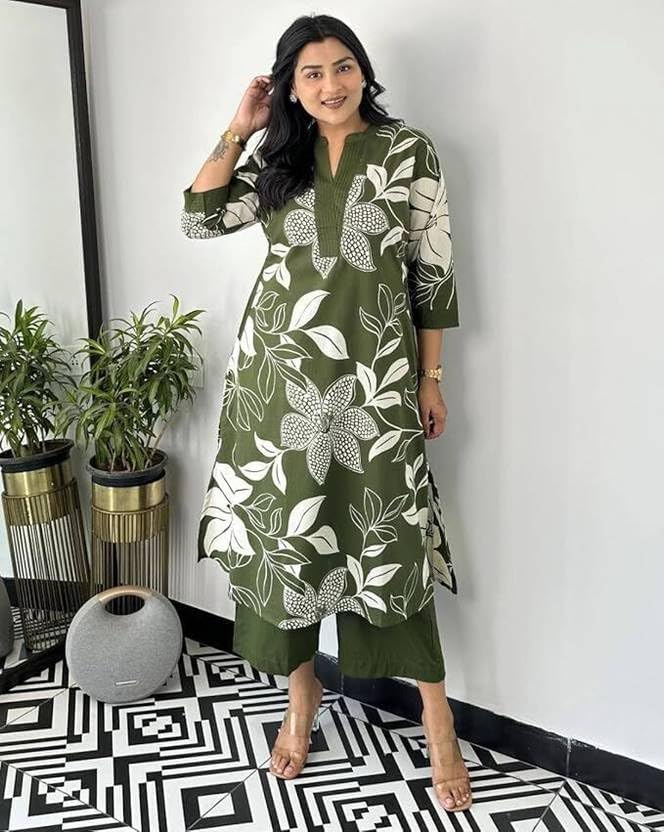 Image of MEERA FAB Women's Pure Cotton Printed Ethnic Wear Straight Kurta Set with Palazzo Pants