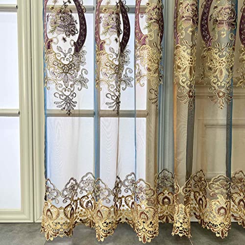 Zzczzc 2 Pack - European Organza Tulle Sheer Curtains Red Brown Voile Curtain Elegant French Window Panels For Parlor Balcony Rod Pocket Fringe Decorated Bottom Voile W52 X L84 Inch Total W104 Inch #TOP2