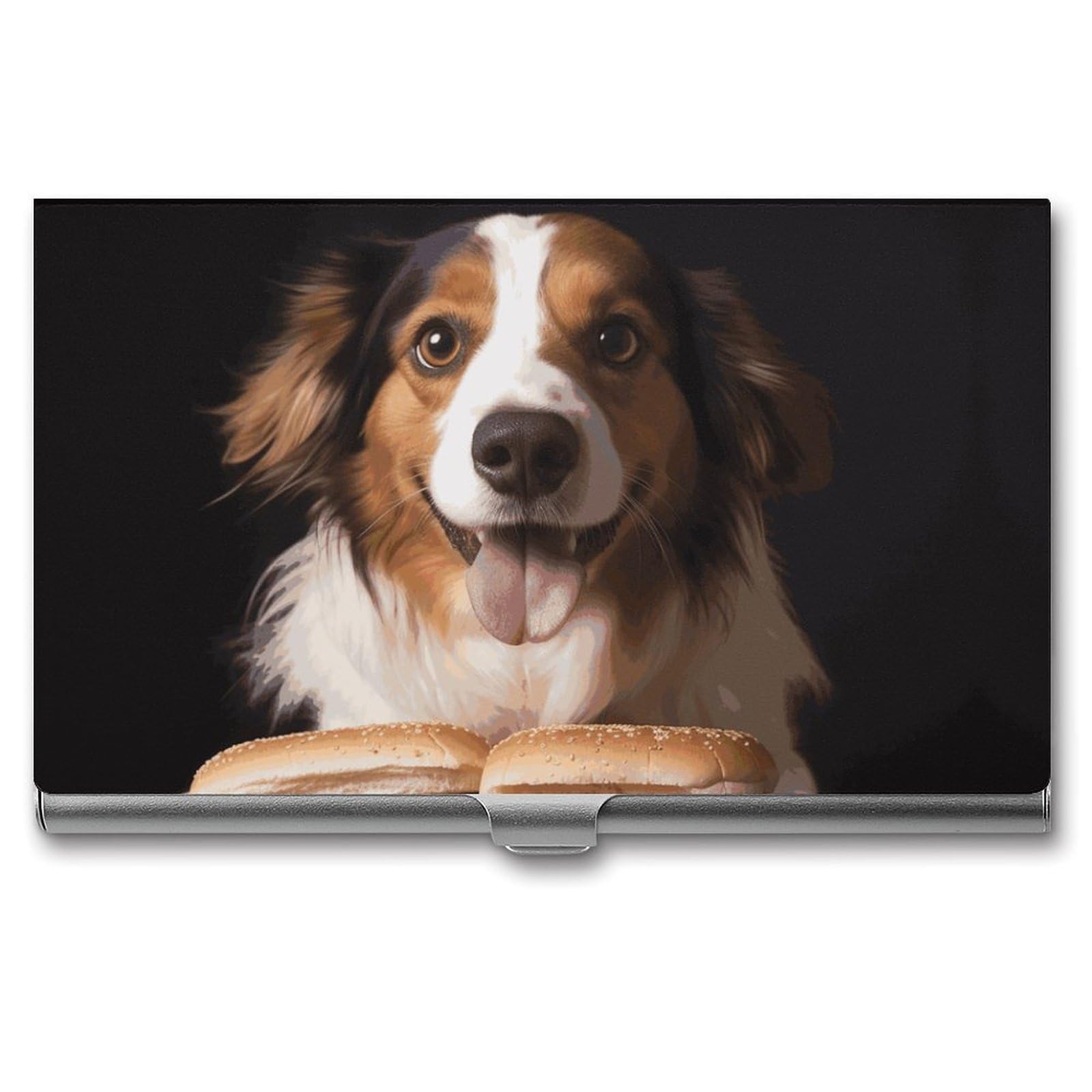 BTCOWZRV Dog Holding A Hot Dog Business Card Holder Metal Slim Business Card Case, Pocket Card Holder for Men Women Purse Name Card Holder Stainless Steel Wallet Credit ID Case for Office