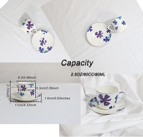 Miniatura 7 de GuangYang Juego de 12 tazas y platillos de porcelana fina para 6 personas, taza y platillo One Shot Espresso de 2.5 onzas, juego de regalo de café