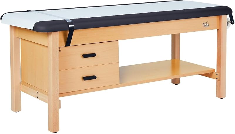 Vivacomfort Aristo H-Brace European Beechwood Flat Treatment Table with Shelf and Drawers, 500 lbs Weight Capacity, Black