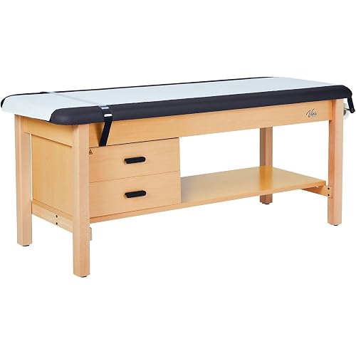 Vivacomfort Aristo H-Brace European Beechwood Flat Treatment Table with Shelf and Drawers, 500 lbs Weight Capacity, Black