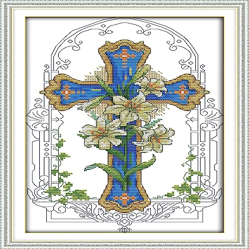 Image of Howie's Needlepoint Cross Stitch Kits, 14CT Pre-Printed Pattern Needlepoint Kits, Full Range of Stamped Starter Kits (Lily Cross, 13.8 x 16.9 Inch)