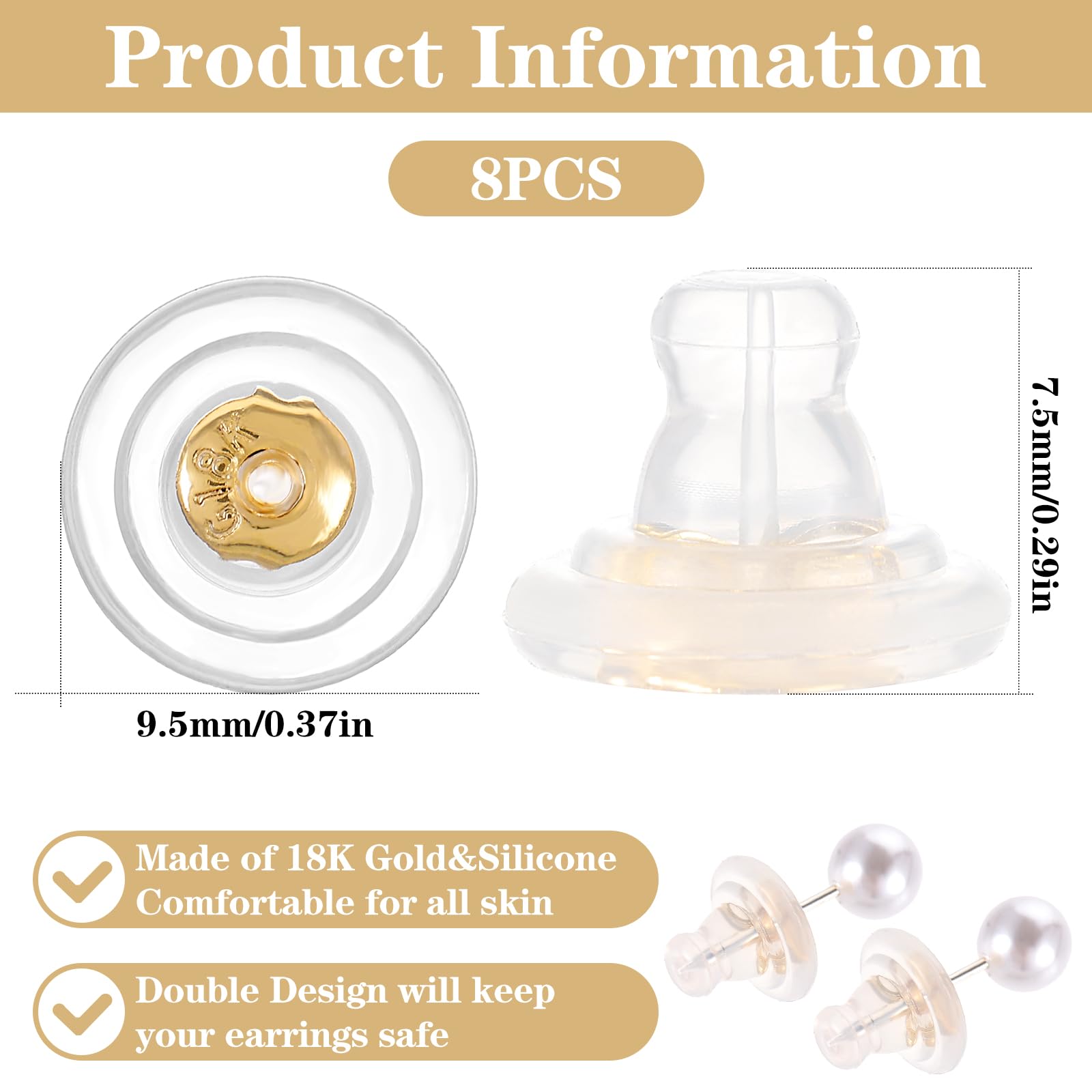 8 Fermoirs De Boucles D'oreilles à Goujon En Silicone - Or Et Transparent - Telooco