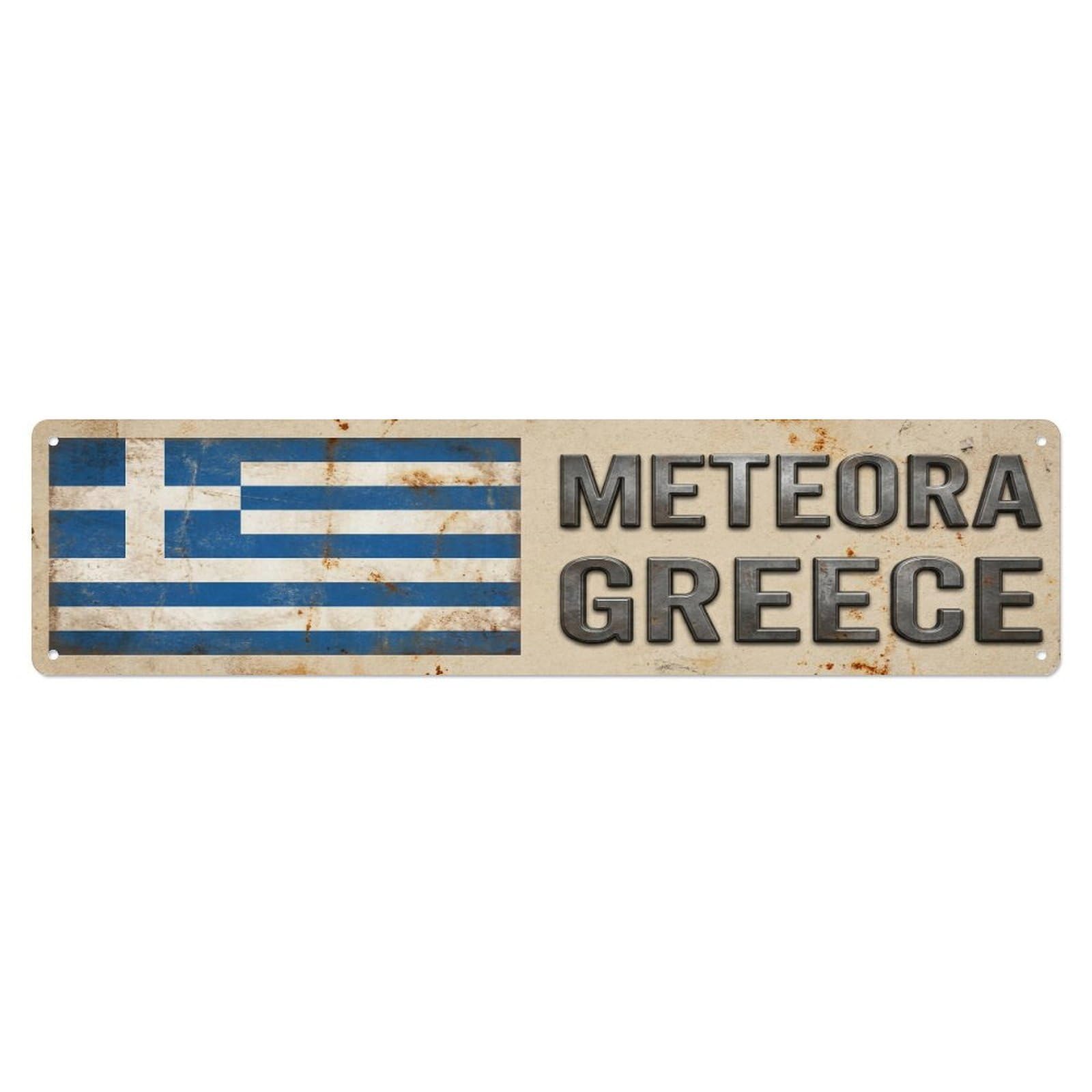 Metal Tin Sign Vintage Meteora Greece Flag Decor Rustic Travel