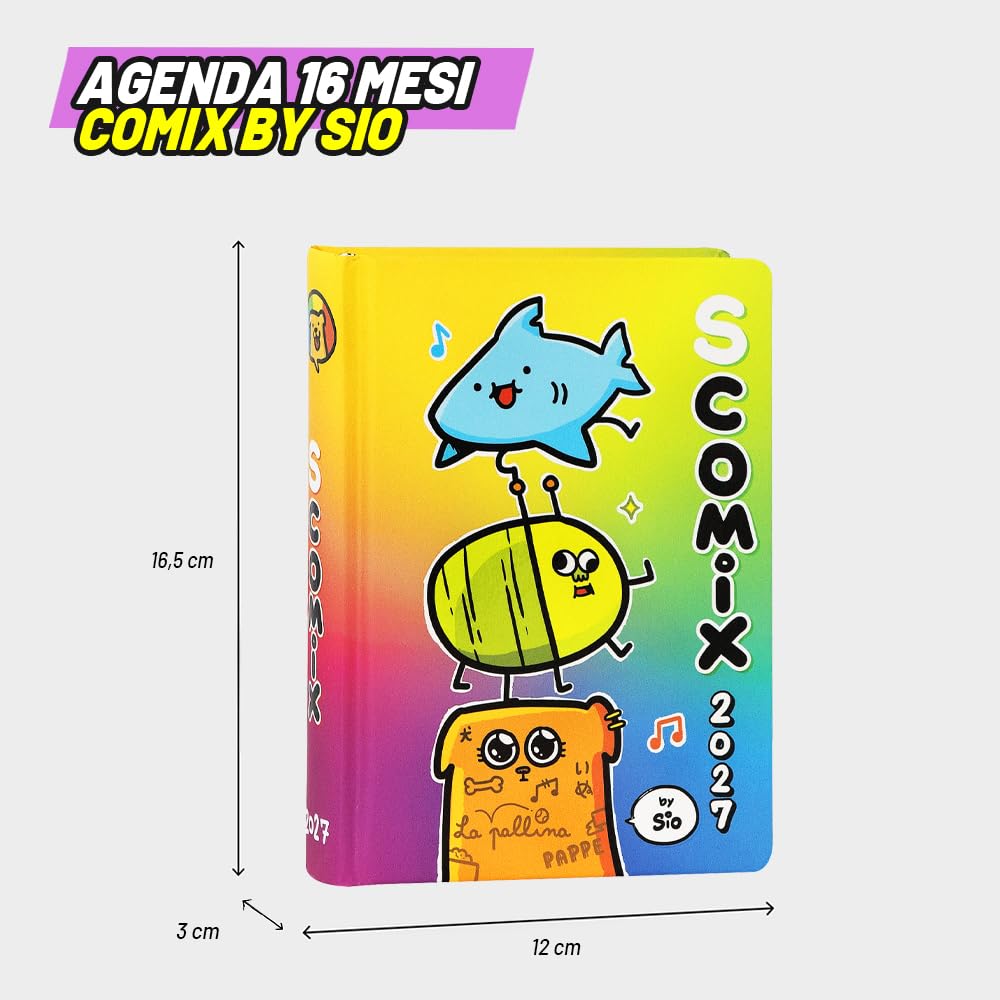 COMIX Scomix by Sio - Agenda Giornaliera 16 Mesi, Diario 2026-2027 per Scuola Elementare e Media, con Copertina Rigida e Colorata, 512 Pagine a Colori, per Bambini e Ragazzi, 12x16.5 cm