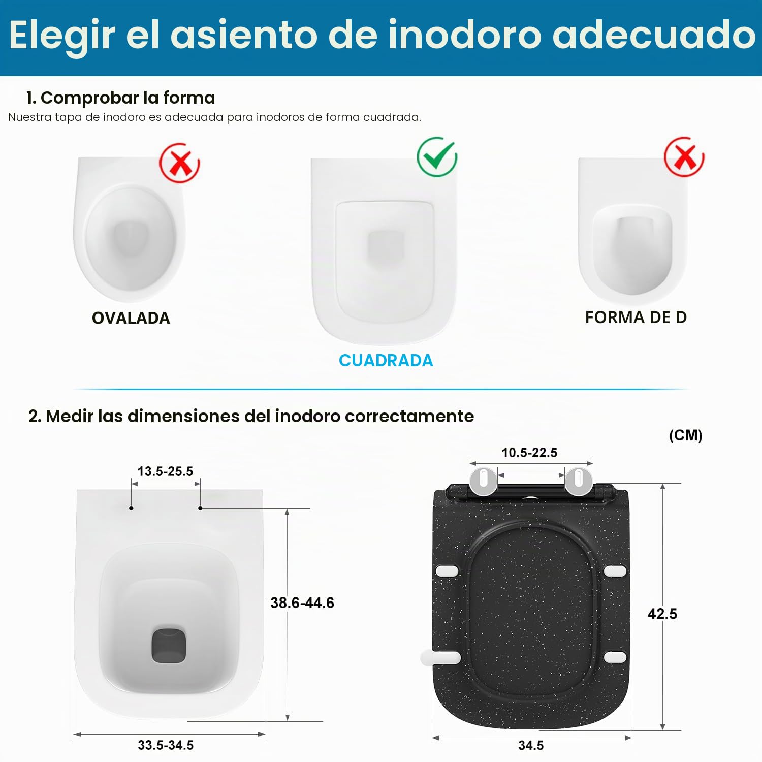 Tapa Wc Forma Cuadrado Ultrafino [CORTO], Asiento de Inodoro Cuadrado con Cierre Suave y Liberación Rápida para una Fácil Limpieza,Universal para Inodoros de Forma Cuadrada, Negro