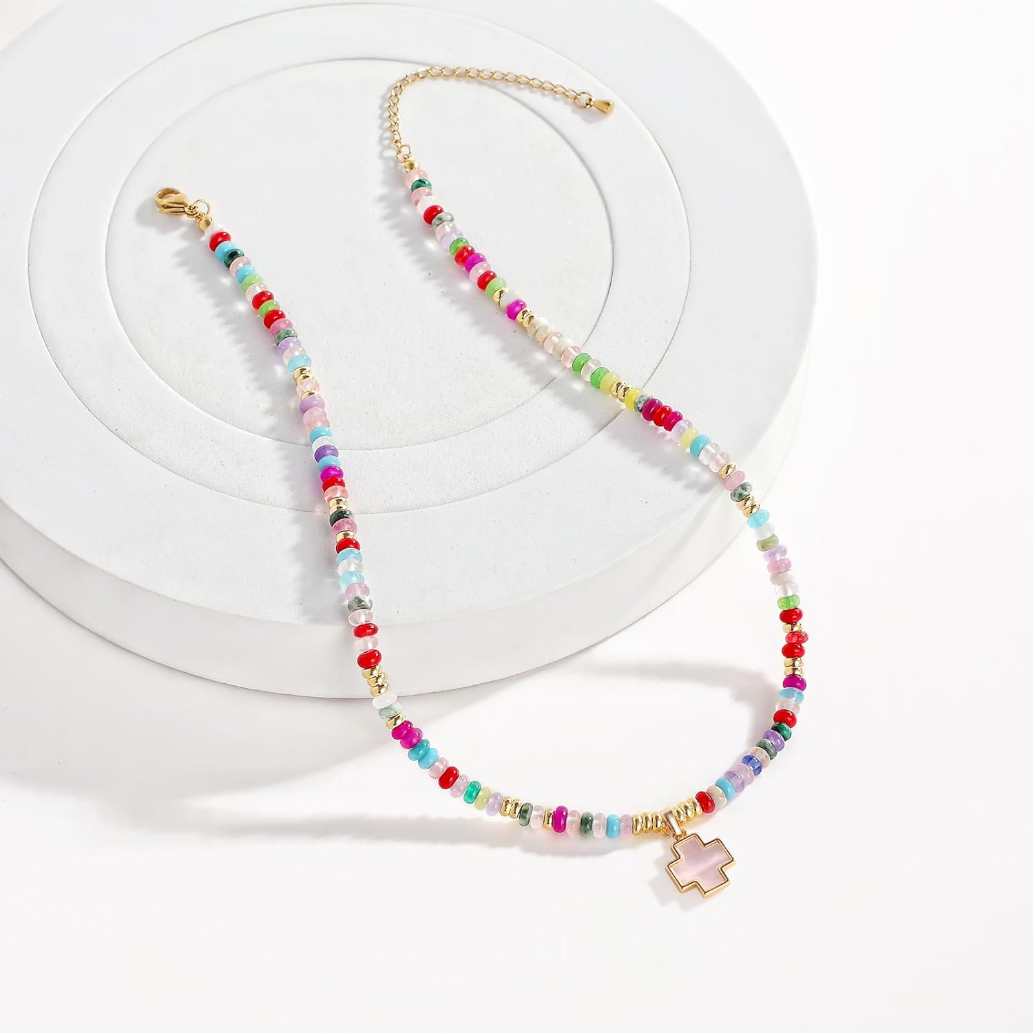 YOUFENG Clover Necklaces for Women Colorful Beaded Gemstone Choker 14K Gold Plated Cross Butterfly Necklace Natural Stone Handmade Jewelry Gift - Image 4