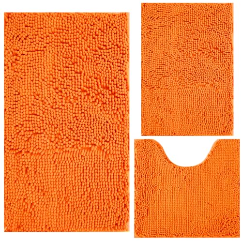 Image of Bathroom Rugs Chenille 3-Piece Extra Soft and Absorbent Shag Bathroom Rugs, Machine Wash Mat, Strong PVC Non-Slip Underside, Plush Carpet Mats (Orange)