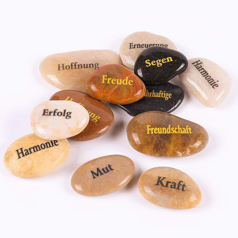 ROCKIMPACT 50 Stück Steine mit Spruch Glück Gravierte Steine Gravur Inspirierende Steine Glücksbringer Ermutigung Dankbarkeit Geschenk Glückssteine (Großhandel, 50 verschiedene Sprüche, je 5-8 cm)