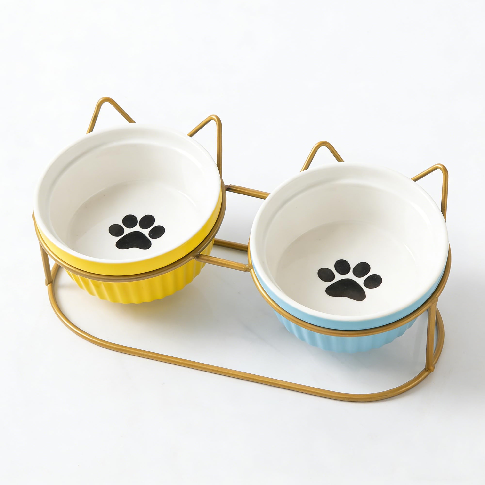 Ceramic Raised Cat Bowls with Stand Tilted 15°, Double Raised Cat Bowls for Food & Water, Elevated Cat Feeding Station with Non-Slip Gold Frame, Shallow Cat Bowls for Kittens & Cats, Yellow & Blue