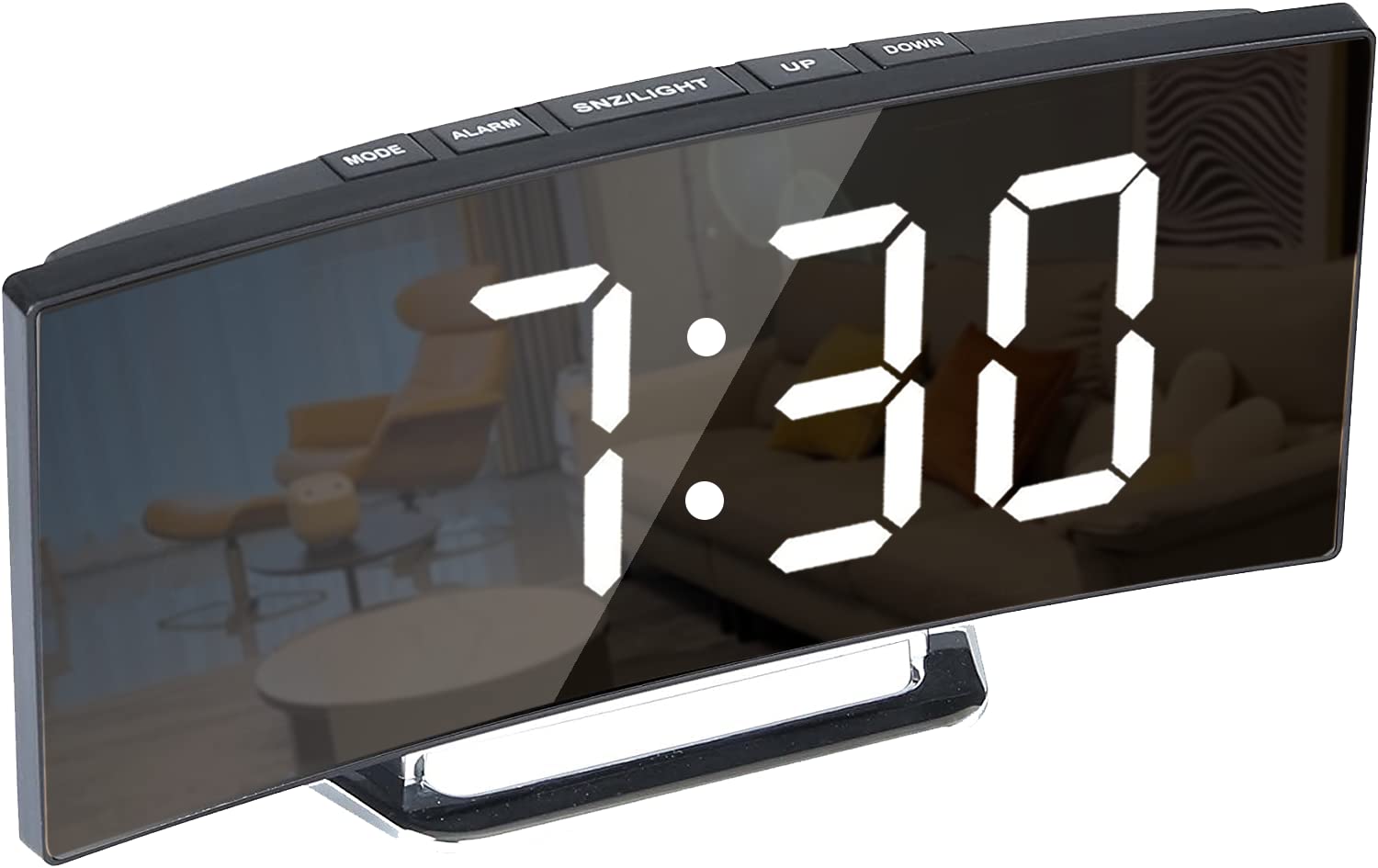 Digital Alarm Clock with LED Curved Screen, 7.1" Black LED Electronic Mirror Clock with Dual Time 12/24 Mode, Snooze Mode, 2 Adjustable Brightness, Smart Desk Wall Clock for Home Bedroom Office Decor