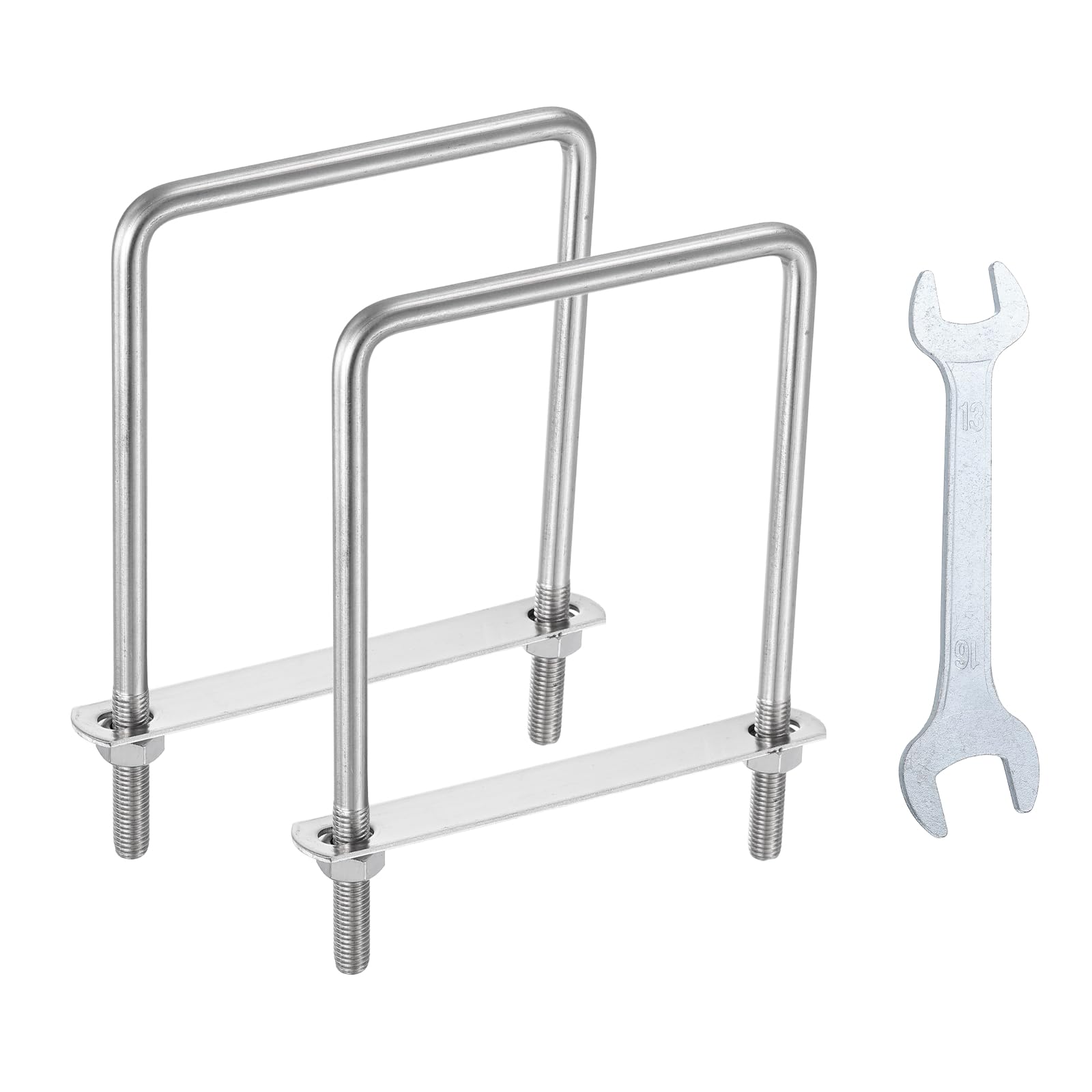 sourcing map 2Pcs M10 U-Bolts, 4.76"(121mm) Inner Width 7.48"(190mm) Length 304 Stainless Steel Square Bend U Bolts with Nuts Frame Plate Washers and Wrench for Trailers Boats Axle Sailboat