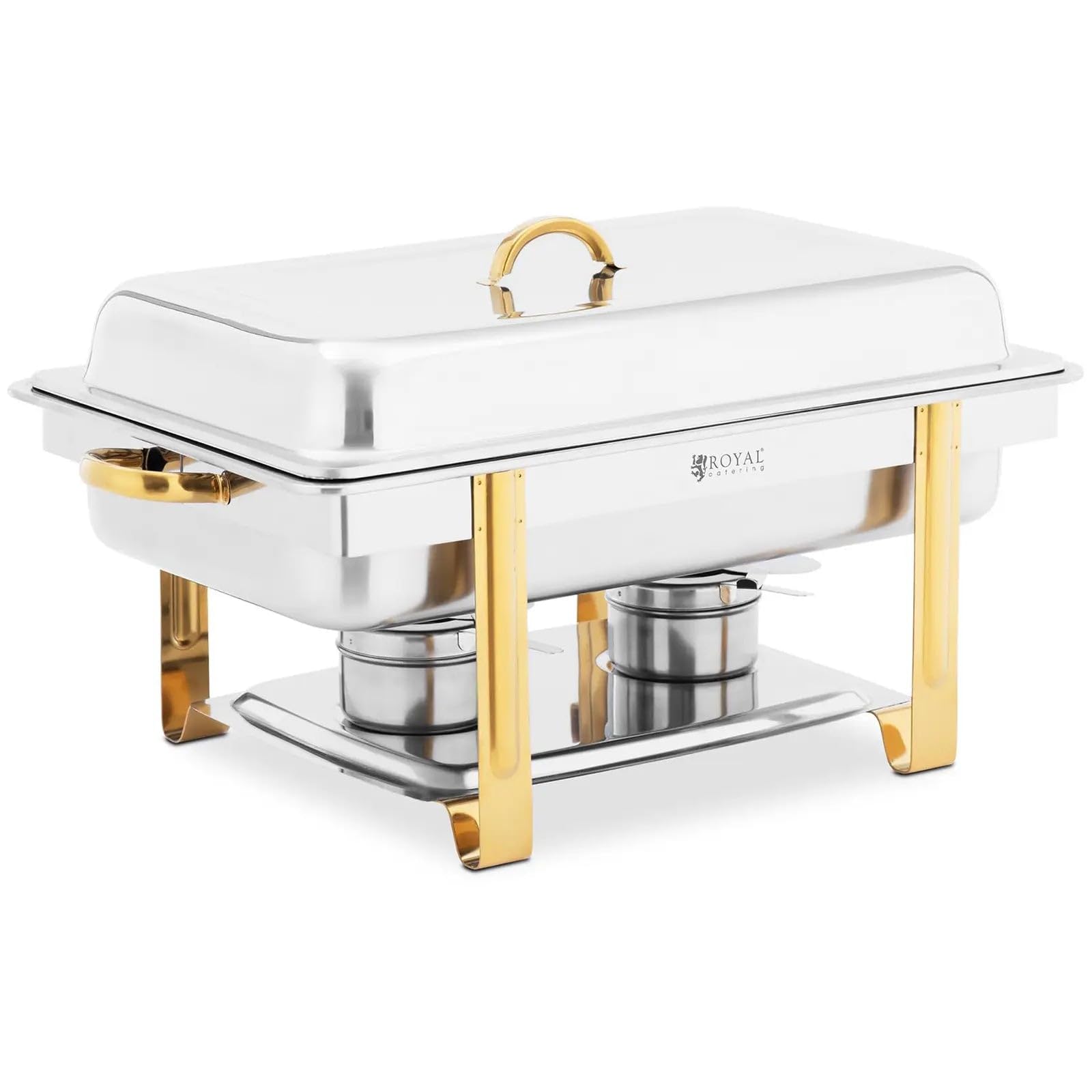 Helloshop26 Chafing Dish GN 1/1 Acentos Dorados 9 Litros 2 Quemadores Acero Inoxidable Plateado 14_0008575