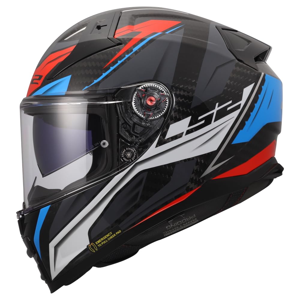 Designed LS2 FF811 Vector II Carbon Savage Azul Rojo Bluetooth Sena Integrado - Casco de Moto Integral con Visor Solar, Pinlock y Pantalla Oscura - Helmets Unisex Hombre y Mujer - ECE 22.06