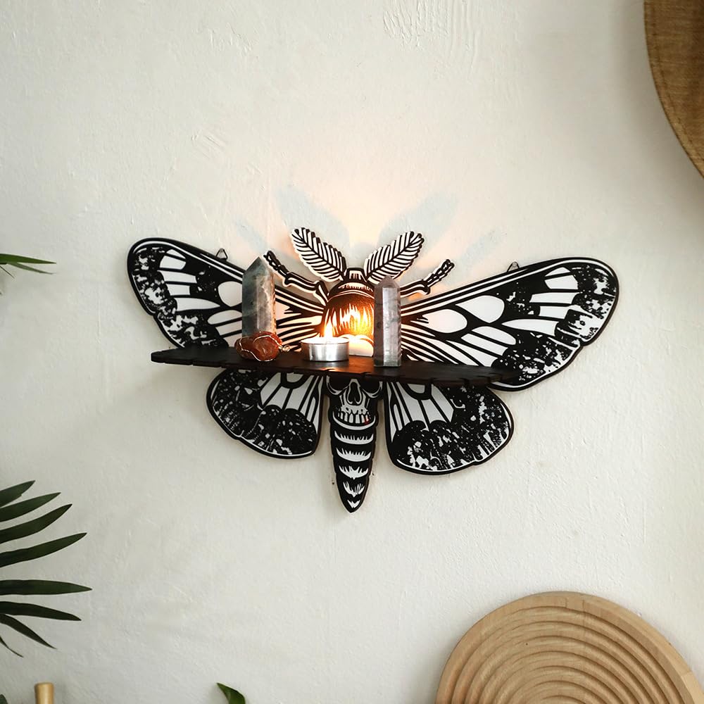 IAFENGE Wooden Wall Mounted Shelf Floating Shelves,Moth Wall Shelf,Wall Shelf Display with Butterfly Moth Shape, for Kitchen Office Living Room, Women
