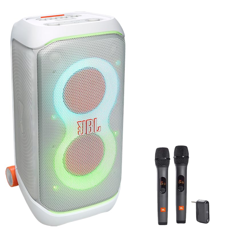 JBL PartyBox Stage 320 Portable Party Speaker with Wireless Two Microphone System (White)